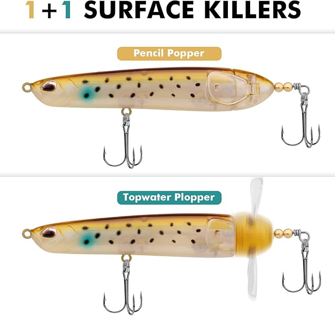 TRUSCEND PoPobait with BKK Hooks, Top Water Plopper Fishing Lures for Bass Walleye Pike Catfish Musky Perch, Floating Lure for Freshwater or Saltwater, Amazing Teasers Fishing Gifts for Family Fishing