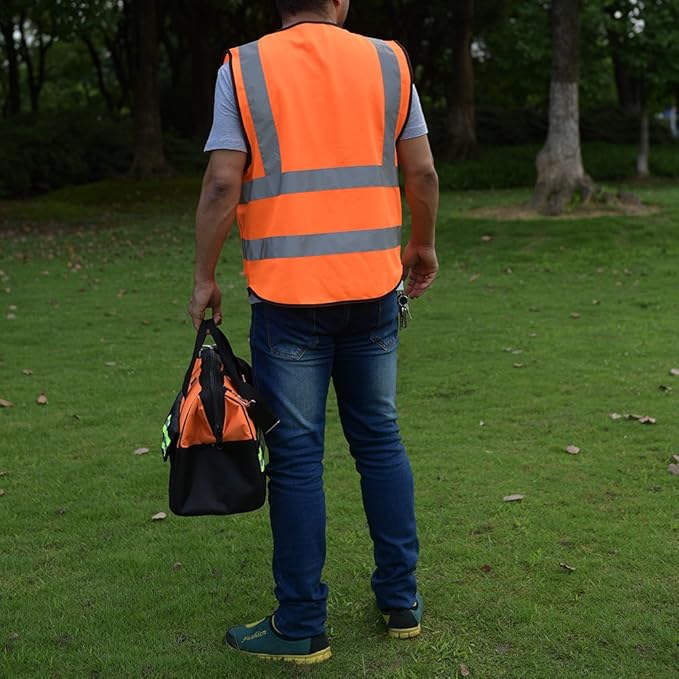 zojo High Visibility Safety Vests With Pockets, Wholesale Reflective Vest for Outdoor Works, Cycling, Jogging, Walking,Sports - Fits for Men and Women (Pack of 10, XXL-Orange)