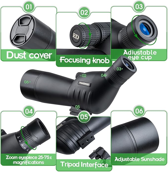 25-75 X 60 Spotting Scope with Tripod Phone Adapter Monocular Telescope Spotting Scopes for Target Shooting Hunting Bird Watching Black