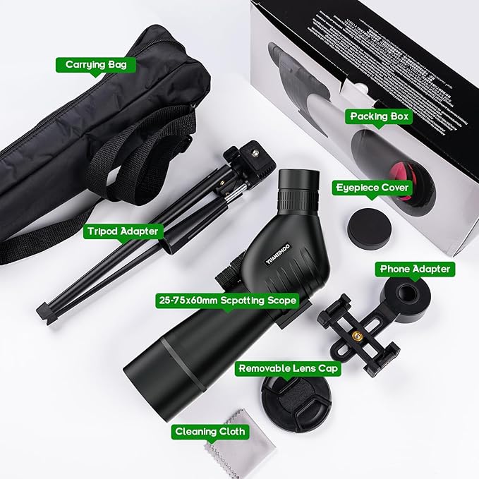 25-75 X 60 Spotting Scope with Tripod Phone Adapter Monocular Telescope Spotting Scopes for Target Shooting Hunting Bird Watching Black