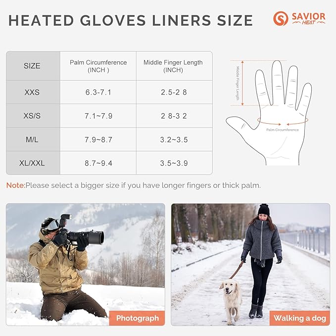 SAVIOR HEAT Heated Glove Liners for Men Women, Rechargeable Battery Electric Heated Gloves, Winter Warm Glove Liners, Thin Gloves Riding Ski Snowboarding Hiking Cycling Hand Warmers