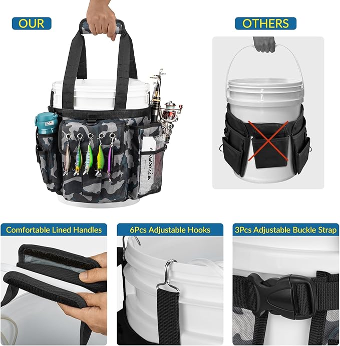 THKFISH Fishing Bucket Organizer for 5 Gallon Bucket, Ice Fishing Bucket Bag with Rod & Plier Holder, Adjustable Fish Protection Bucket Bag with Multi-Pockets for Fishing Gear