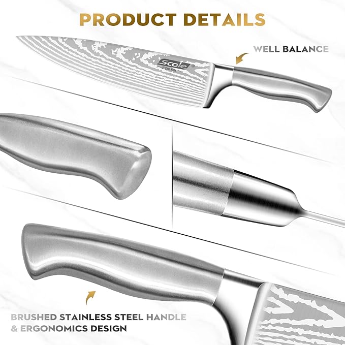 SCOLE® Chef Knife Ultra Sharp Kitchen Knife Set 7-Piece, Premium German 1.4116 Stainless Steel Chefs Knife Set, Ergonomic Handle Professional Knives Set for Kitchen with Gift Box