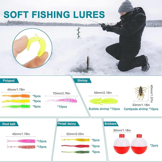 Trout & Crappie Ice Fishing Gear Lures Kit, Including Jig Heads,Soft Plastic baits for Panfish,Bluegill, Bass etc Freshwater Equipment