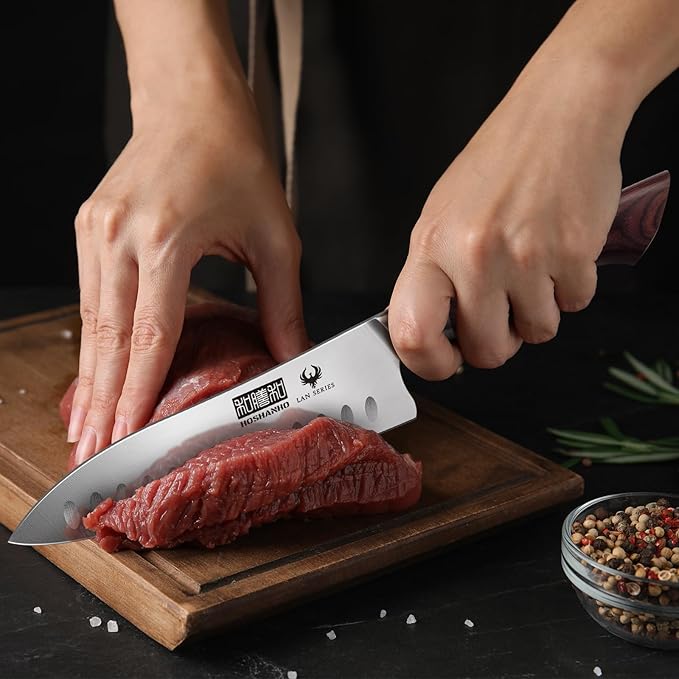 Santoku Knife 7 Inch, Professional High Carbon Stainless Steel Kitchen Knife, Super Sharp Cooking Knife with Ergonomic Wood Handle