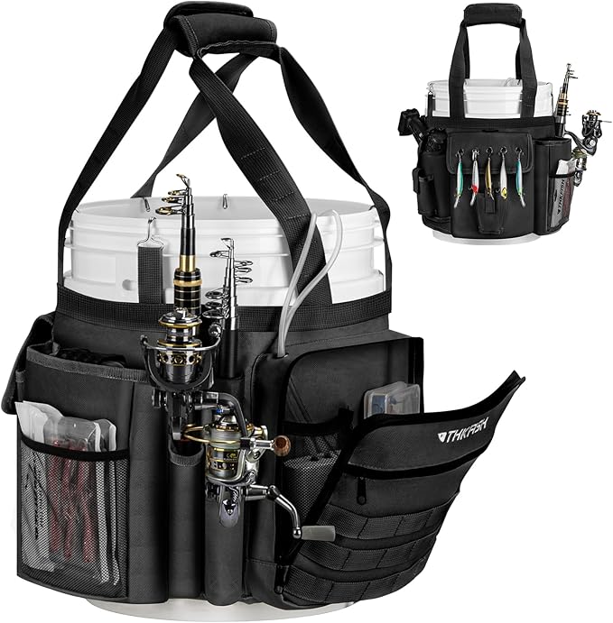 THKFISH Fishing Bucket Organizer for 5 Gallon Bucket, Ice Fishing Bucket Bag with Rod & Plier Holder, Adjustable Fish Protection Bucket Bag with Multi-Pockets for Fishing Gear
