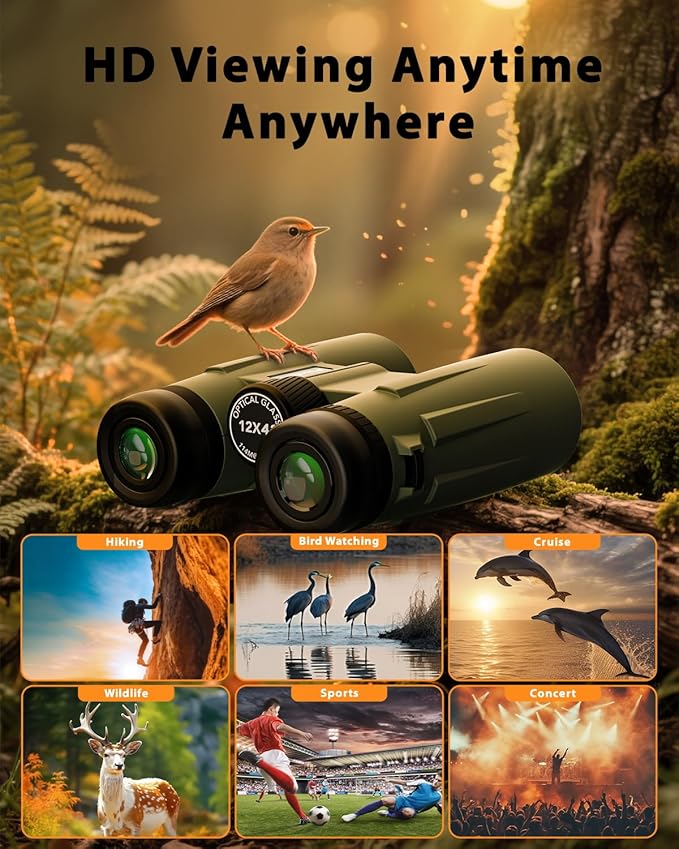 Usogood Professional 12x42 HD Binoculars - High Powered Large View with Clear Low Light Vision - Adults Binoculars for Bird Watching, Hunting, Hiking, Travel, Cruise, Green, AT66V3