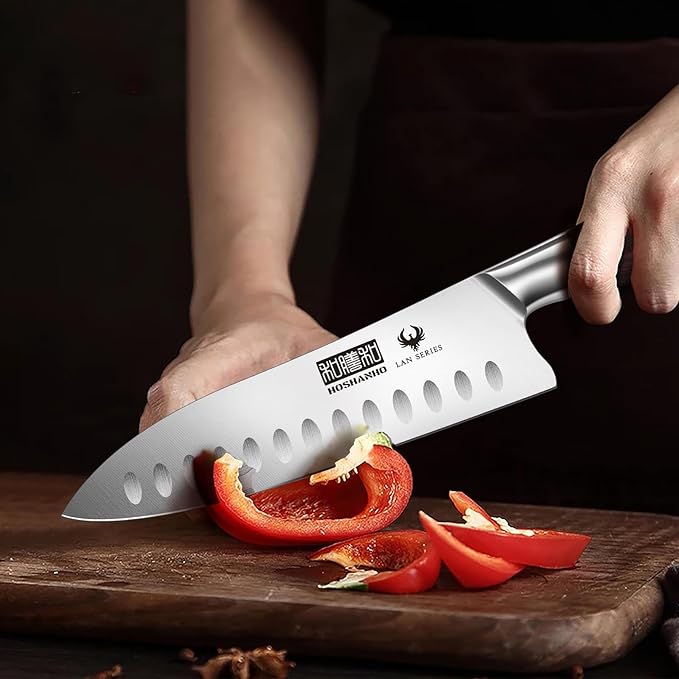 Santoku Knife 7 Inch, Professional High Carbon Stainless Steel Kitchen Knife, Super Sharp Cooking Knife with Ergonomic Wood Handle