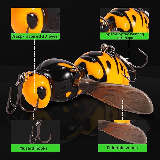 Fishing Lures, 3-Piece Topwater Lures for Bass, Walleye, and Pike, 2025 New Wasp-Style Top Water Crawler for Freshwater & Saltwater Fishing, 2.6in, 15g