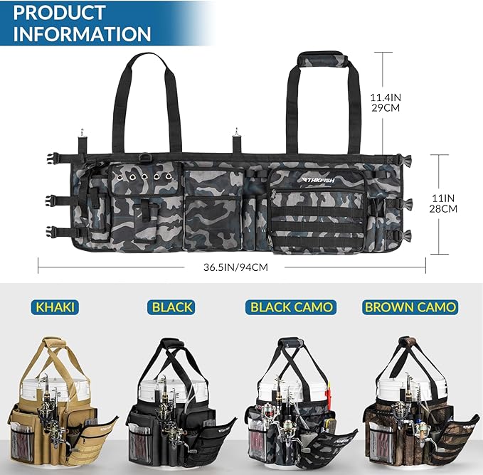 THKFISH Fishing Bucket Organizer for 5 Gallon Bucket, Ice Fishing Bucket Bag with Rod & Plier Holder, Adjustable Fish Protection Bucket Bag with Multi-Pockets for Fishing Gear
