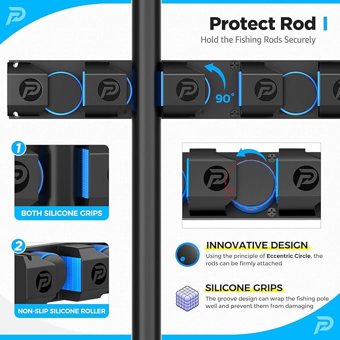 PLUSINNO Fishing Rod Holders - V6 Vertical Support for Extra Large & Heavy Fishing Rod Combos, Garage & Wall Mounted Rack Storage