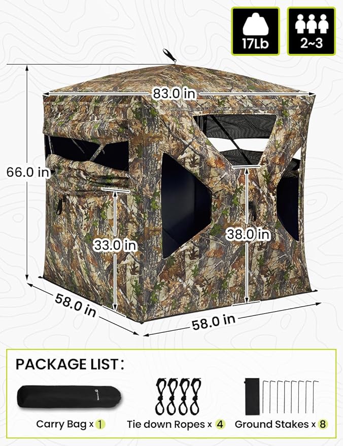 TIDEWE See Through Blind 270°with Silent Magnetic Door & Sliding Windows, 2-3 Person Pop Up Ground Blind with Carrying Bag, 300D Portable Resilient Tent(Camouflage & Veil Rush)