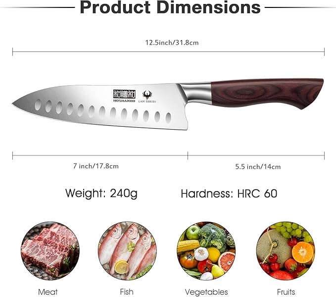 Santoku Knife 7 Inch, Professional High Carbon Stainless Steel Kitchen Knife, Super Sharp Cooking Knife with Ergonomic Wood Handle