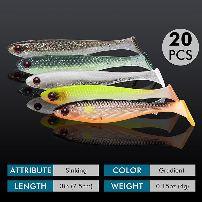 TRUSCEND Easy Catch Soft Lures, Unique Vibrating Swim Action and Trembly Sinking Move for More Bites, Amazing Soft Swimbaits for Family Fishing, Well-Made Fishing Lures for Bass Trout Crappie Walleye