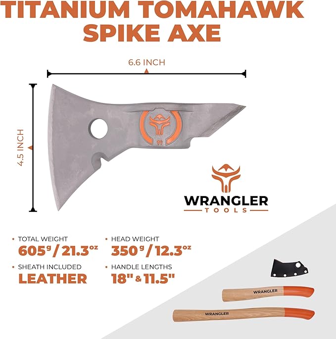 Titanium Camp Axe - 18" & 11.5" Wood Hickory Handles - Tomahawk Axe Spike End - 2-Piece Slip-Fit Design - Includes Blade Sheath and 2 Handles - Survival Axe