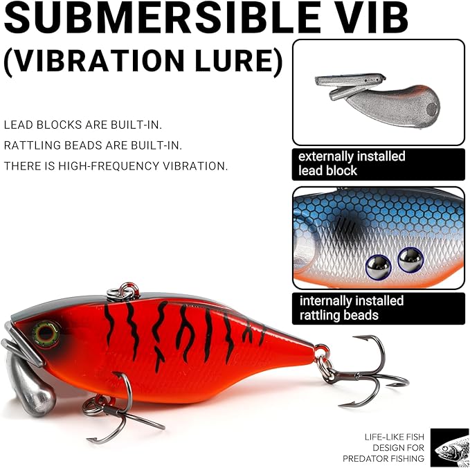5pc Fishing Lures Large Hard Bait Minnow VIB Lure with Treble Hook Life-Like Swimbait Fishing Bait Popper Crankbait Vibe Sinking Lure for Bass Trout Walleye Redfish
