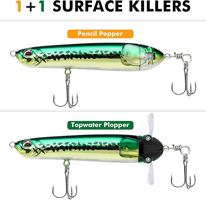 TRUSCEND PoPobait with BKK Hooks, Top Water Plopper Fishing Lures for Bass Walleye Pike Catfish Musky Perch, Floating Lure for Freshwater or Saltwater, Amazing Teasers Fishing Gifts for Family Fishing
