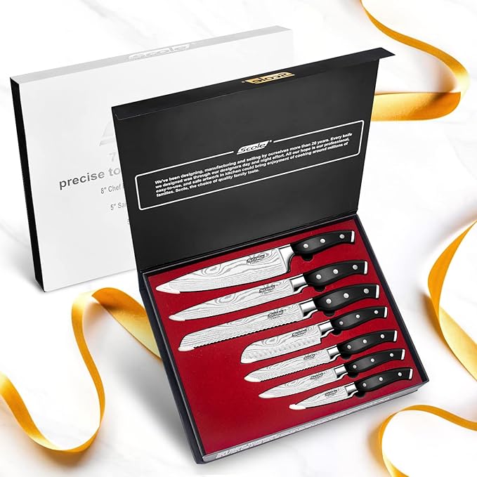 SCOLE® Chef Knife Ultra Sharp Kitchen Knife Set 7-Piece, Premium German 1.4116 Stainless Steel Chefs Knife Set, Ergonomic Handle Professional Knives Set for Kitchen with Gift Box