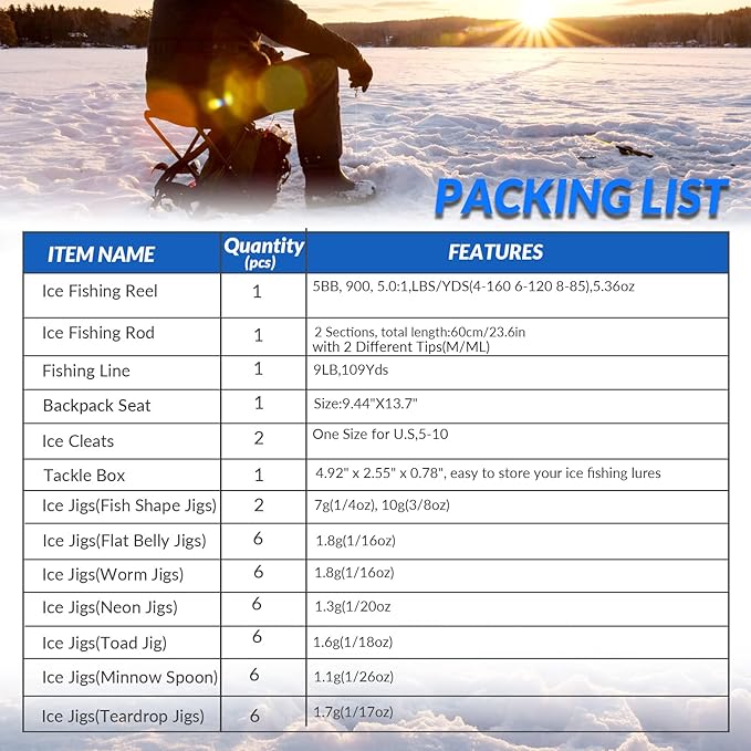 QualyQualy Ice Fishing Rod Reel Combo Complete Set Ice Fishing Gear with Backpack Seat Ice Cleats Ice Fishing Jigs Line Full Ice Fishing Kit 24" 26"