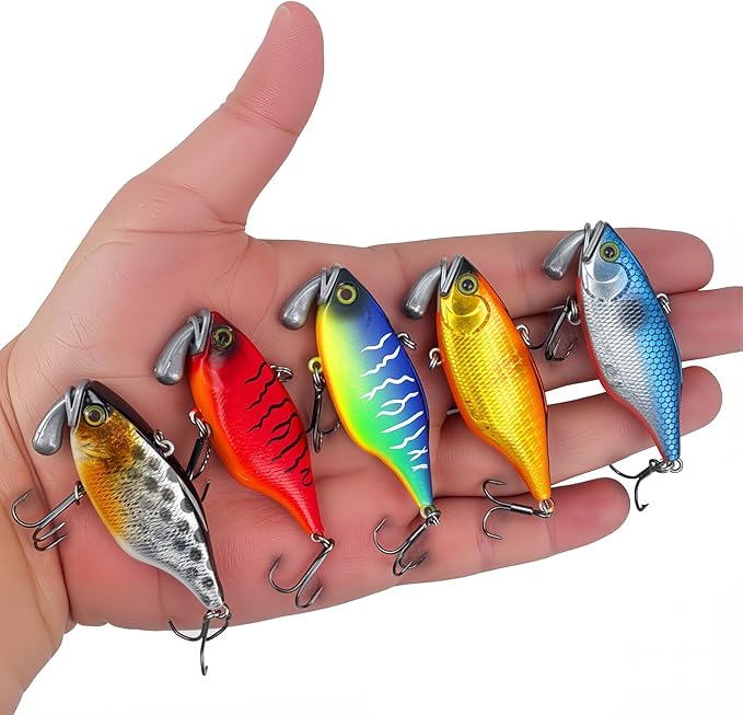 5pc Fishing Lures Large Hard Bait Minnow VIB Lure with Treble Hook Life-Like Swimbait Fishing Bait Popper Crankbait Vibe Sinking Lure for Bass Trout Walleye Redfish