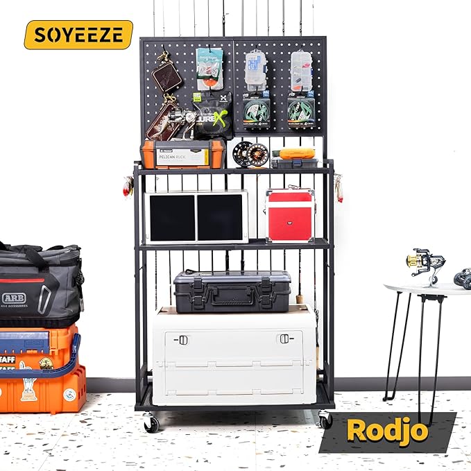 SOYEEZE Fishing Rod Holders for Garage,Fishing Pole Holder/Rack of Adjustable with Pegboard and Hooks, a Tackle Box,Lines,Lure Fishing Organizer, Stores Fishing Gear, up to 12 Rods,Fishing Gift