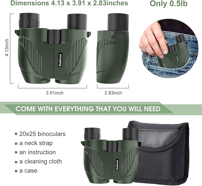 20X25 Compact Binoculars for Adults and Kids,Large Eyepiece Waterproof Binocular,Easy Focus Small Binoculars for Bird Watching,Hiking and Concert, Green