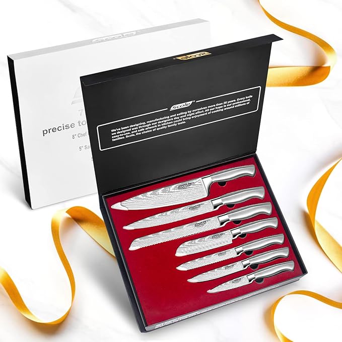 SCOLE® Chef Knife Ultra Sharp Kitchen Knife Set 7-Piece, Premium German 1.4116 Stainless Steel Chefs Knife Set, Ergonomic Handle Professional Knives Set for Kitchen with Gift Box
