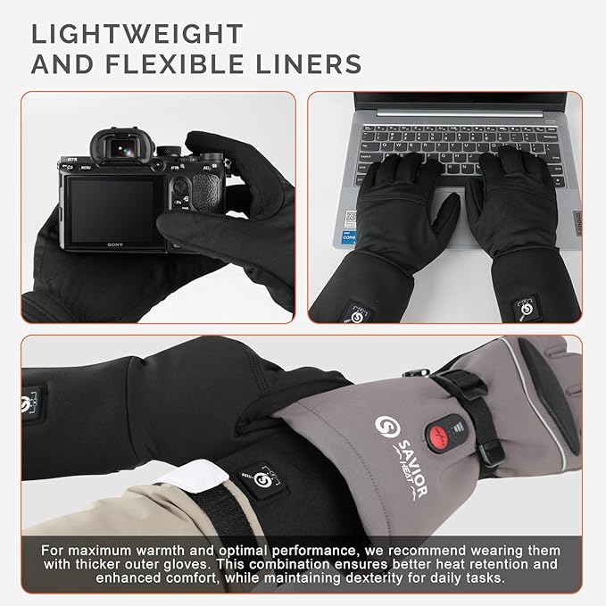 SAVIOR HEAT Heated Glove Liners for Men Women, Rechargeable Battery Electric Heated Gloves, Winter Warm Glove Liners, Thin Gloves Riding Ski Snowboarding Hiking Cycling Hand Warmers
