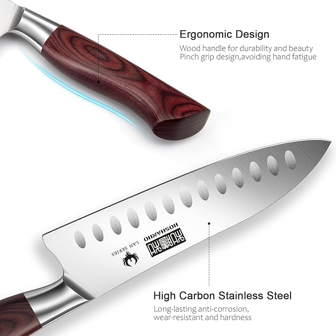 Santoku Knife 7 Inch, Professional High Carbon Stainless Steel Kitchen Knife, Super Sharp Cooking Knife with Ergonomic Wood Handle