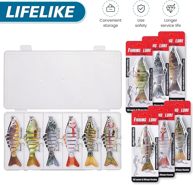 6PCS Fishing Lures for Freshwater and Saltwater with case,Slow Sinking Multi Jointed Swimbaits, Lifelike Lures for Bass Trout Crappie Walleye Pike