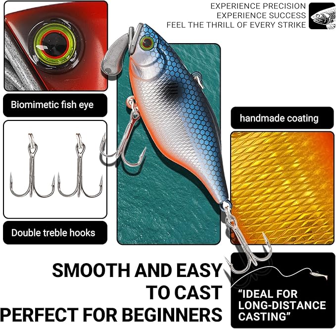 5pc Fishing Lures Large Hard Bait Minnow VIB Lure with Treble Hook Life-Like Swimbait Fishing Bait Popper Crankbait Vibe Sinking Lure for Bass Trout Walleye Redfish