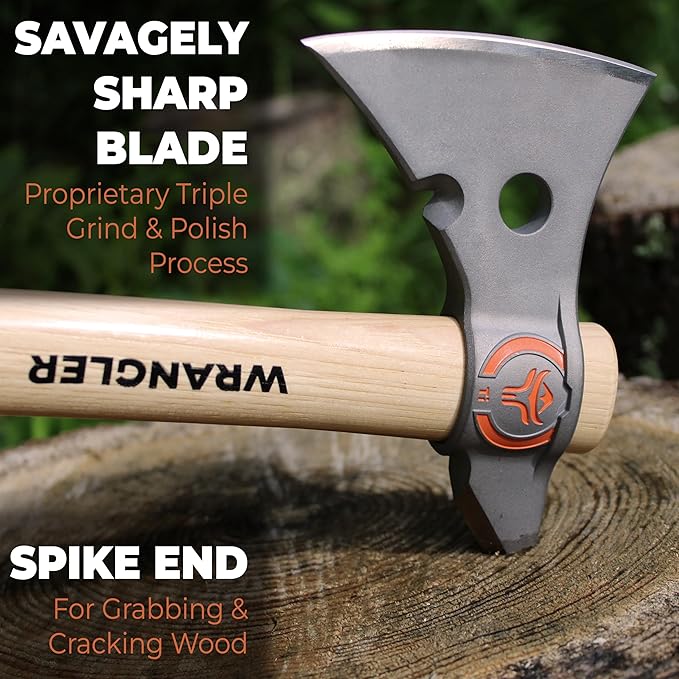 Titanium Camp Axe - 18" & 11.5" Wood Hickory Handles - Tomahawk Axe Spike End - 2-Piece Slip-Fit Design - Includes Blade Sheath and 2 Handles - Survival Axe
