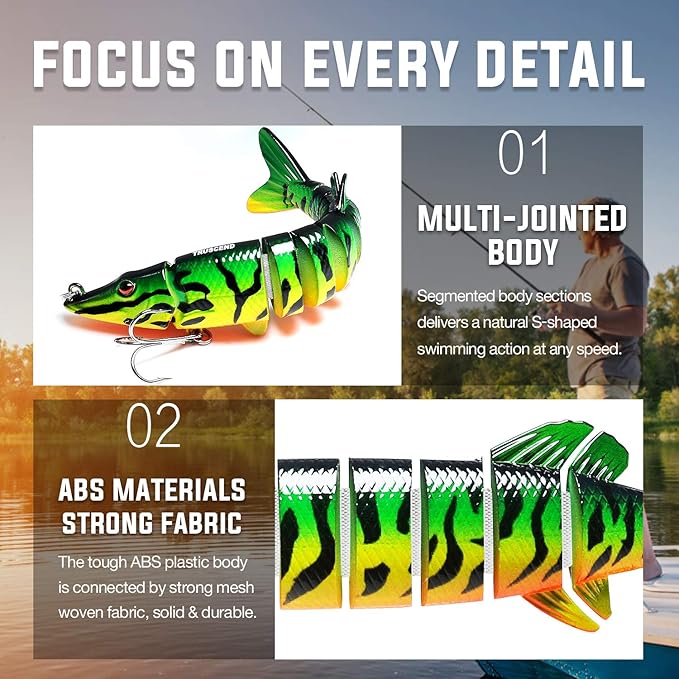 TRUSCEND Easy Catch Swimmax, Magic Noisy Turbulent Wiggling and Vibrating Actions for More Bites, Segmented Swimbait Jointed by Dyneema Strongest Fiber, Lifelike Fishing Lures for Relax Family Fishing