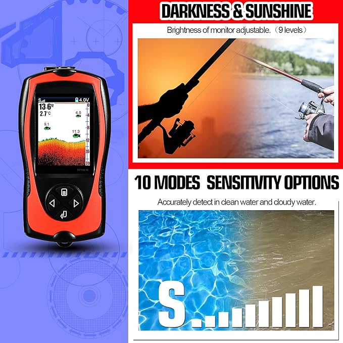 Atibin Wired Portable Fish Finder Display Handheld Monitor Depth Finder Transducer Sonar Sensor Fish Finders LCD Screen