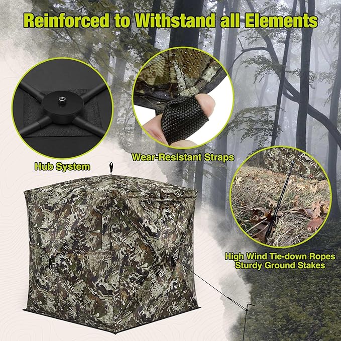 TIDEWE See Through Blind 270°with Silent Magnetic Door & Sliding Windows, 2-3 Person Pop Up Ground Blind with Carrying Bag, 300D Portable Resilient Tent(Camouflage & Veil Rush)
