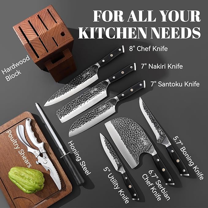 9 Pieces Knife Set with Block, Hand Forged High Carbon Steel Sharp Blade Cooking Knives Set with Holder for Kitchen, Block Chef Knife Set Professional, Best Gifts for Men Women