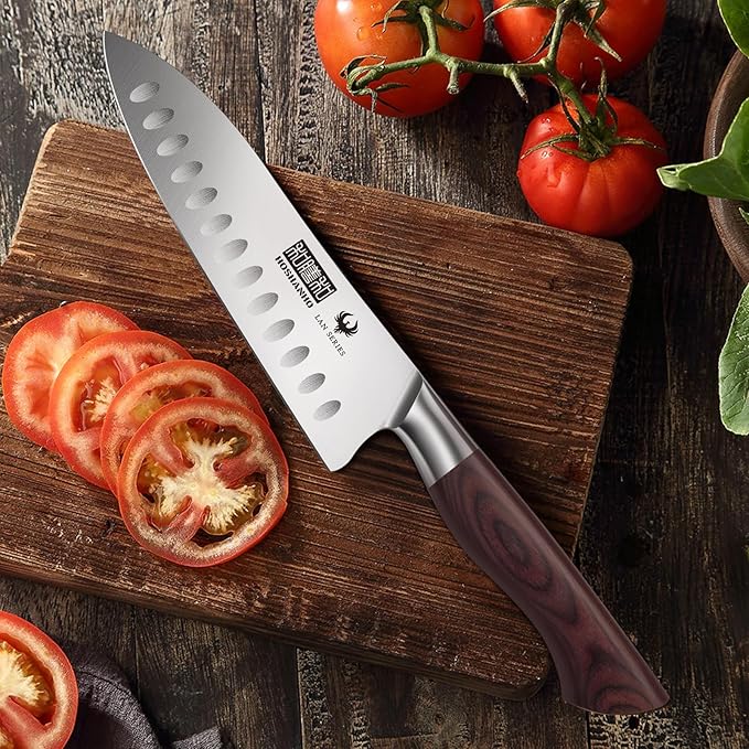 Santoku Knife 7 Inch, Professional High Carbon Stainless Steel Kitchen Knife, Super Sharp Cooking Knife with Ergonomic Wood Handle
