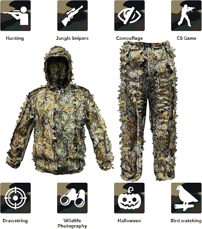 Upgrade Ghillie Suit Outdoor 3D Lifelike Super Lightweight Hooded Camouflage Clothing Jungle Woodland Hunting Shooting
