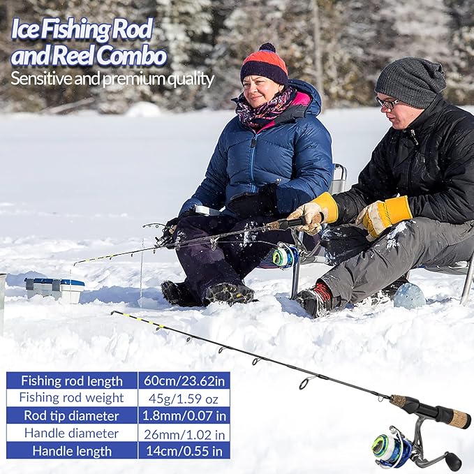 QualyQualy Ice Fishing Rod Reel Combo Complete Set Ice Fishing Gear with Backpack Seat Ice Cleats Ice Fishing Jigs Line Full Ice Fishing Kit 24" 26"