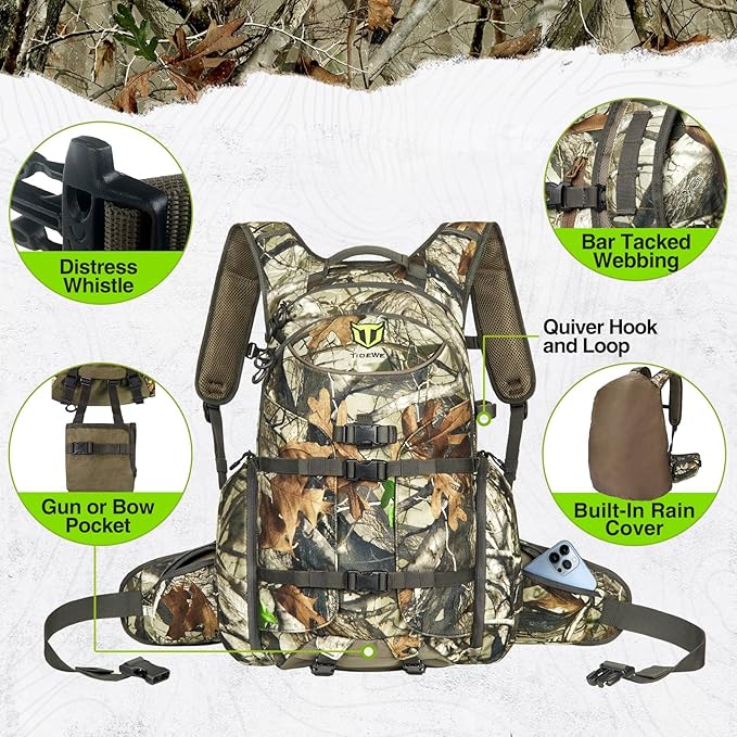 TIDEWE Hunting Backpack, Waterproof Camo Hunting Pack with Rain Cover, Long-Lasting Large Capacity Hunting Day Pack for Rifle Bow Gun (Next Camo G2)