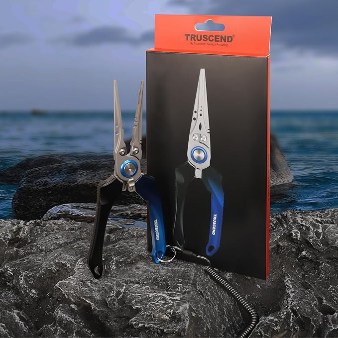 TRUSCEND Lockable Handy Fishing Pliers with Innovative Ergonomic Handle, Saltwater Corrosion Resistant Teflon Coated Fishing Tool, Multi-Function Fishing Gear with Mo-V Cutter, Amazing Fishing Gift