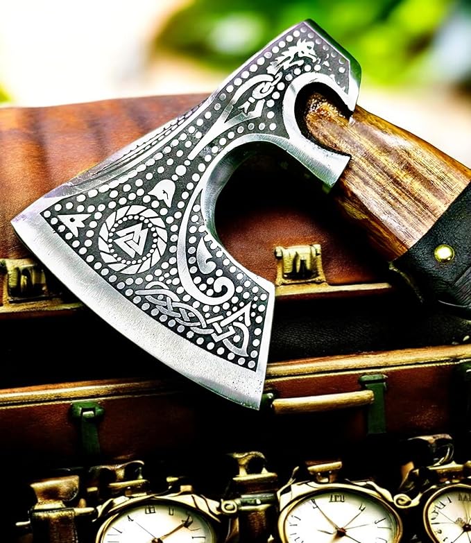 AX-7000 Custom Gift Forged Carbon Steel Viking Axe with Rose Wood Shaft, Viking Bearded Camping Axe (AX-7000) (AX-7091)