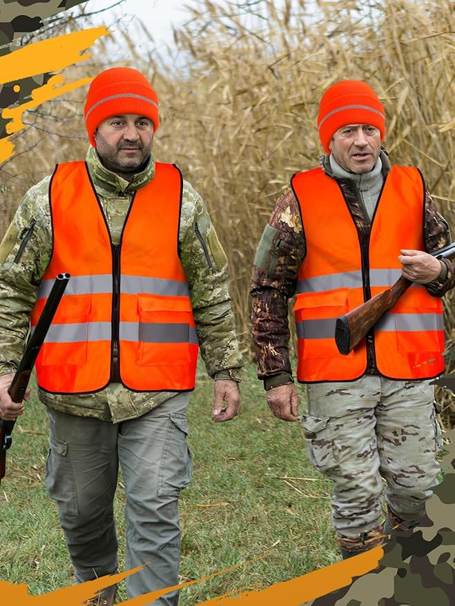 Apipi 2 Set Blaze Orange Hunting Vest and Beanie - High Visibility Safety Vest for Men, with Reflective Strips for Outdoor