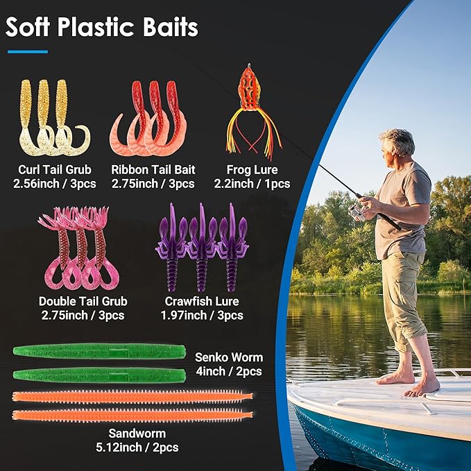 Fishing Lures Tackle Box Kit,Saltwater Freshwater Fishing Gear and Equipment,Including Bionic Swimbait,Top Water baits,Soft Plastic Baits, Accessories etc for Bass,Trout, Salmon.