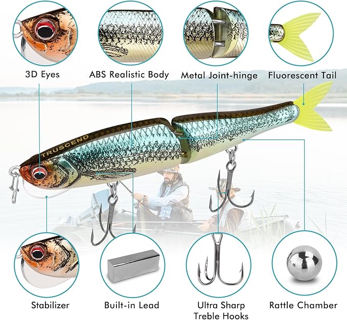 TRUSCEND Easy Catch Swimmax, Magic Noisy Turbulent Wiggling and Vibrating Actions for More Bites, Segmented Swimbait Jointed by Dyneema Strongest Fiber, Lifelike Fishing Lures for Relax Family Fishing