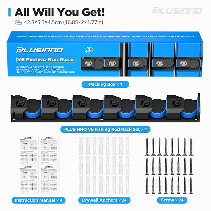 PLUSINNO Fishing Gifts for Men - V6 Vertical Fishing Rod/Pole Holders, Support Extra Large & Heavy Fishing Rod Combos, Fishing Rod Holders for Garage, Wall Mounted Fishing Rod Rack Storage