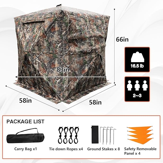 AZON Hunting Blind, Ground Blinds for Deer Hunting, 2-3 Person Pop Up See Through Blind 270 Degree, Portable Durable Blind with Silent Magnetic Door & Detachable Blackout Panel