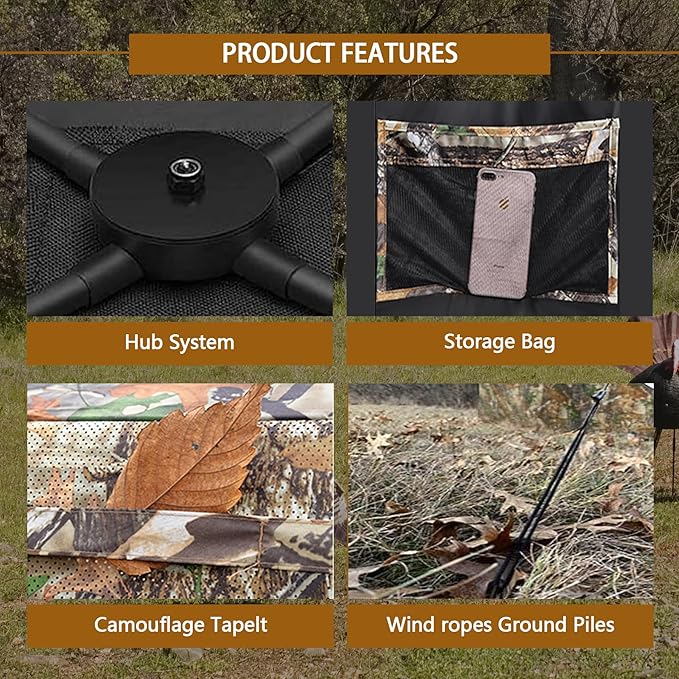AZON Hunting Blind, Ground Blinds for Deer Hunting, 2-3 Person Pop Up See Through Blind 270 Degree, Portable Durable Blind with Silent Magnetic Door & Detachable Blackout Panel