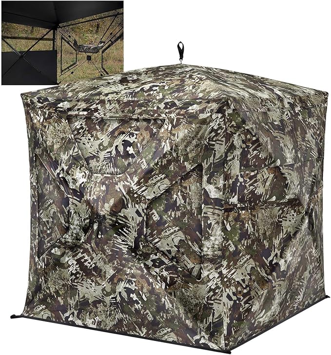 TIDEWE See Through Blind 270°with Silent Magnetic Door & Sliding Windows, 2-3 Person Pop Up Ground Blind with Carrying Bag, 300D Portable Resilient Tent(Camouflage & Veil Rush)