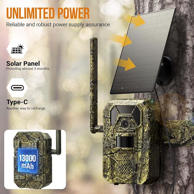 4G Cellular Trail Camera 2K Audible Video 0.3s Trigger 940nm No Glow IR Night Vision Hunting Essentials IP66 Instant Use with 32 GB Memory 13,000 mAh Battery Solar Panel Anti-Theft Tech